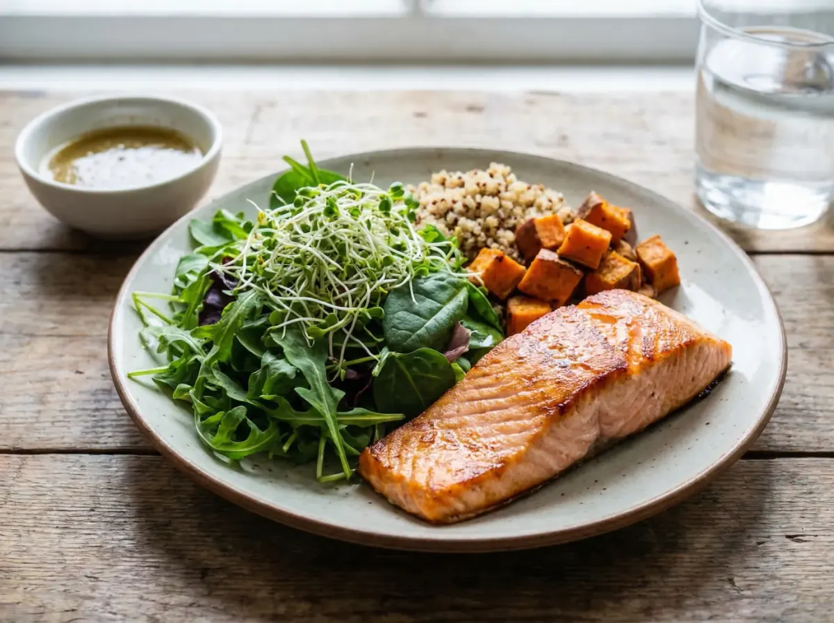 Omega-3 salmon plate with leafy greens and broccoli sprouts for the brain fog diet